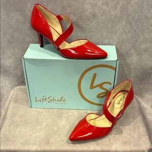 Life Stride Red Patent Suki Pointed-Toe Crisscross Pumps